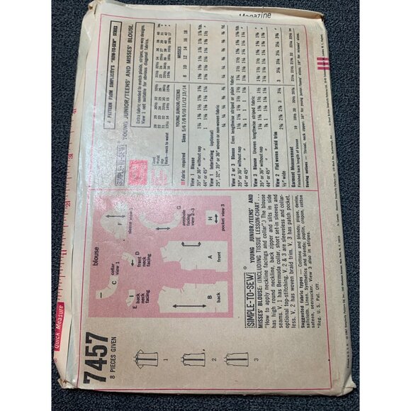 Simplicity 7457 Vintage Sewing Pattern Young Junior Teens Shirt Size 9/10 1960s - Picture 2 of 2